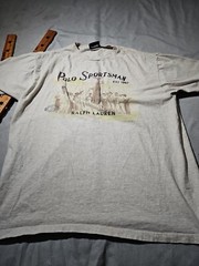 Vtg Polo Sport Shirt Mens Large Beige Sportsman Fishing Preppy Graphic Tee Y2k