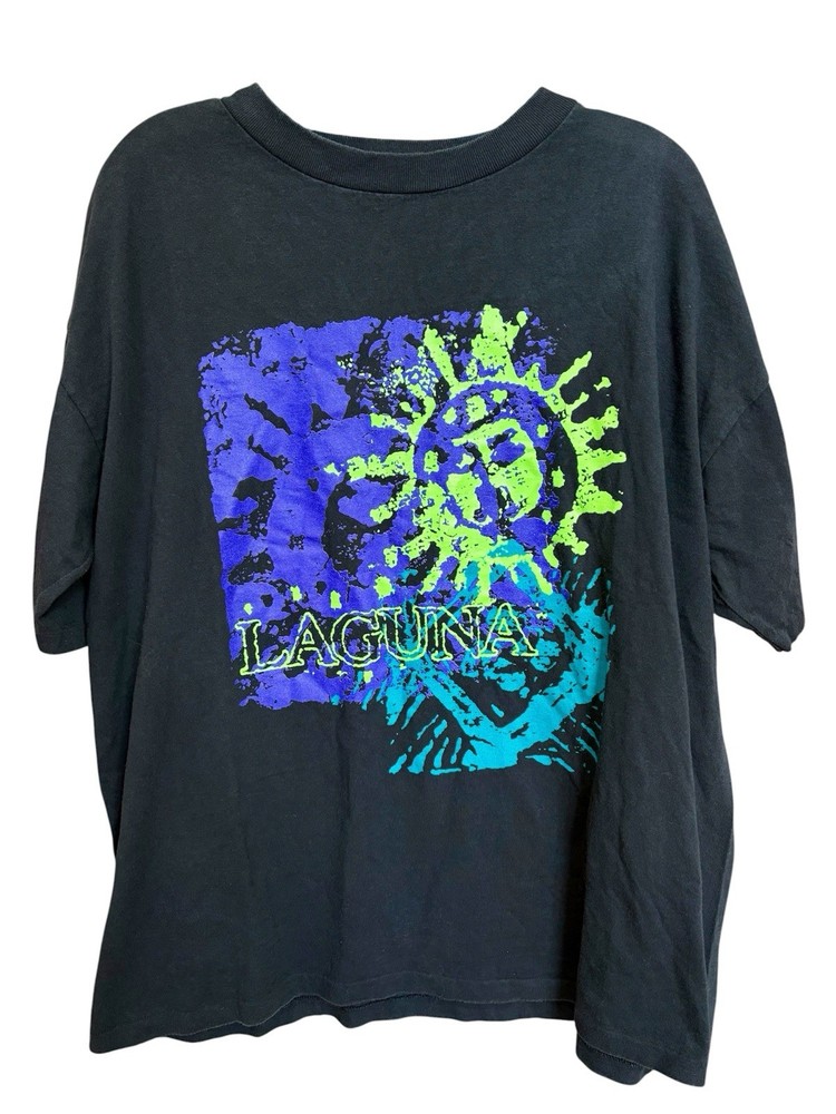 Vintage 90s Laguna Surf Skate Sun Neon Graphic T Shirt Black Large