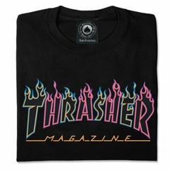 Thrasher Magazine DOUBLE FLAMES NEON LOGO Skateboard T Shirt BLACK