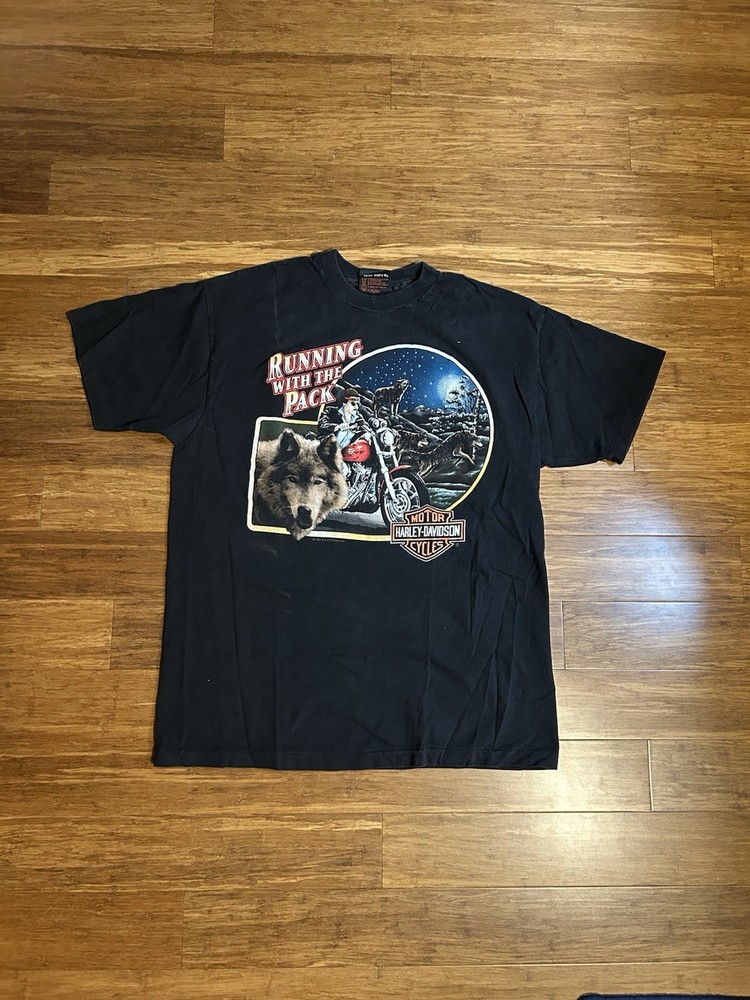 Vintage 1991 Harley Davidson Running With The Pack Wolf T-Shirt XL Hanes Beefy