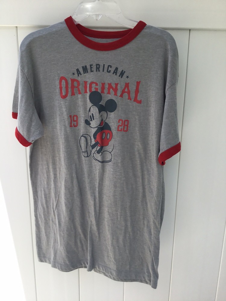 Disney American 1928 Original Unisex Mickey Mouse Gray And Red T Shirt Small