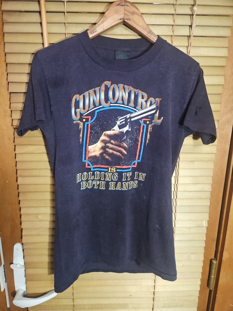 True Vintage 80s Rare 3D Emblem Just Brass Gun Control Biker Tee T Shirt Medium
