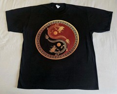 RARE Dragon Red Black Yin Yang Men’s Size XL Shirt Wings Sword Design Short SL