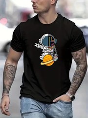 Casual Stylish Print Short-Sleeve T-Shirt Featuring a Cartoon Astronaut