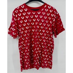 True Religion Mens Red Silver Metallic Horseshoe Logo All Over Print T-Shirt L