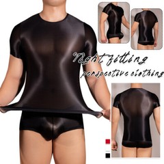 Mens Shiny Oil Muscle Tank Elastic Top Vest See-through Gym Tee Shirt Boxer Sexy