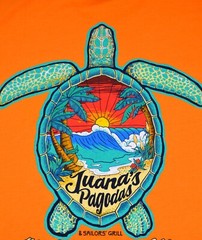 Juana’s Pagodas & Sailors’ Grill Tee Shirt Bright Orange Navarre Florida Size Lg