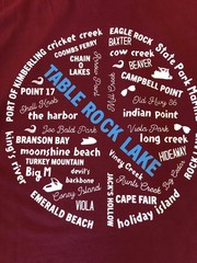 Upcycled Table Rock Lake T-shirt w/ Marinas & Landmarks Graphic, Magenta Size L