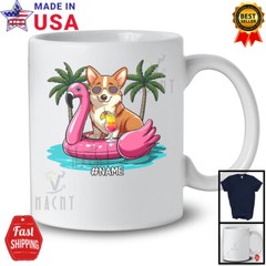 Custom Name Corgi On Flamingo Float; Lovely Summer Hawaii Pool Beach T-Shirt