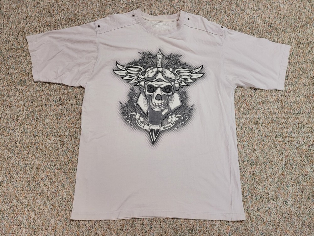 Avirex Shirt Men 3XL Off White Skull Sword Rhinestones Biker Grunge Graphic Logo