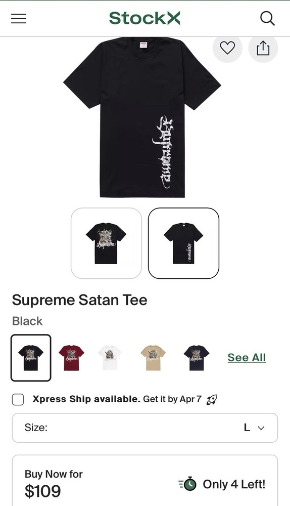 Supreme Satan Black T-Shirt Size Large