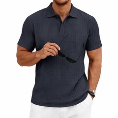 Men’s knitted textured simple short-sleeve polo shirt, casual golf business top,