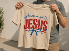 America Needs Jesus Shirt Patriotic Christian Faith Bow Tee Cream Women