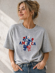 250th Anniversary USA Embroidered Tee, Floral Patriotic T-Shirt Vintage Style