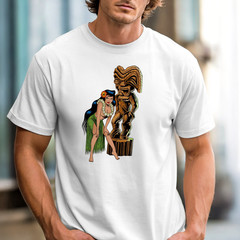 Hula Girl with Tiki Statue T-Shirt | Retro Hawaiian Pinup Tee, Tropical Shirt
