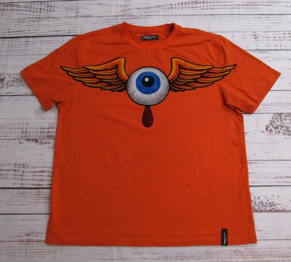 ROKU STUDIO Orange Graphic T-Shirt Winged Eye Rhinestone Streetwear T-Shirt 2XL