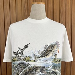 Vintage 90s Largemouth Bass Fishing All Over Print Nature Graphic White T-Shirt