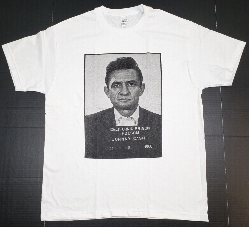 JOHNNY CASH T-shirt Distressed Mug Shot Tee 100% Cotton Men’s White New
