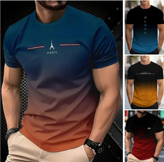 Men’s Vintage Gradient Print Casual Tee Shirt Breathable Polyester O-Neck