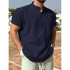 Men’s Cotton Linen Henley Shirt Summer Breathable Casual T-Shirt Tee Casual Gift