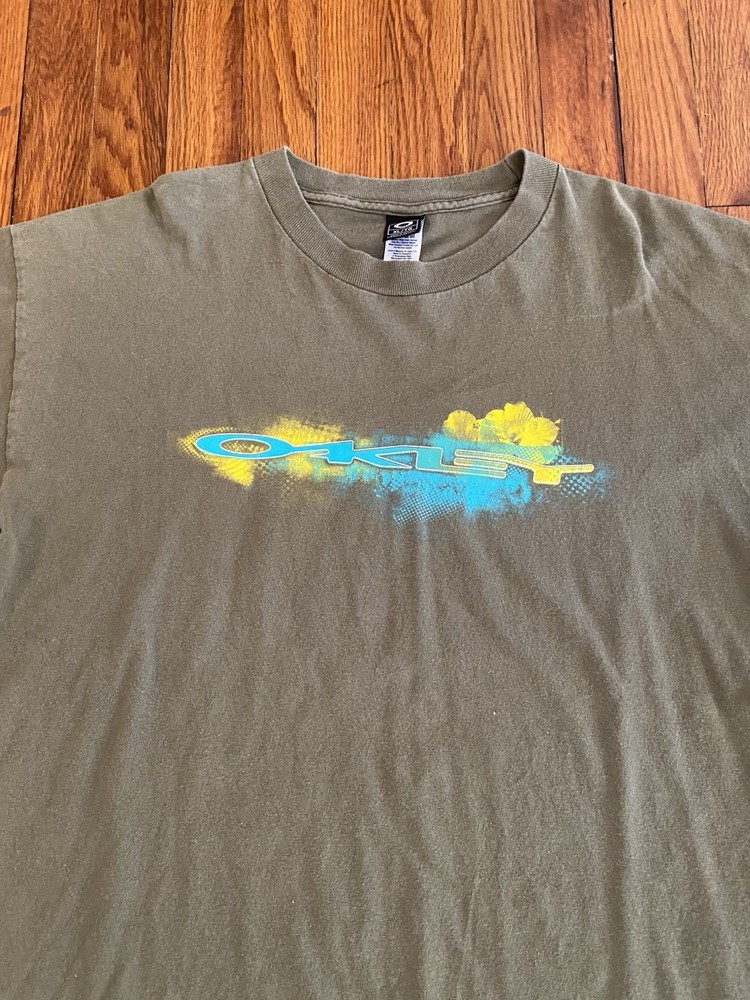 Vintage Y2K Oakley Software Spellout Logo Shirt Size XL Olive Green