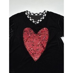 Mens Black Velvet Long Sleeve V Neck Shirt Red Sequin Heart Checkerboard Trim M