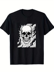 Men’s Gothic White Skull and Flame T-shirt Short Sleeve