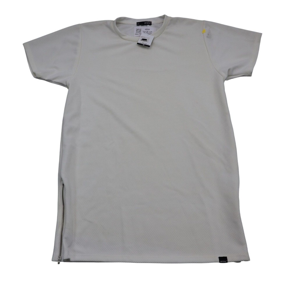 WEIV Essential Shirt Mens M Ivory Short Sleeve Mock Neck Stretch Zip Casual Tee