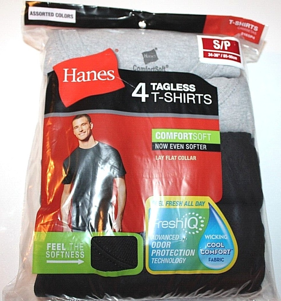 Hanes Men’s Black/Gray 4-Pack Crew Neck Tagless T-Shirts – Small (34-36″)