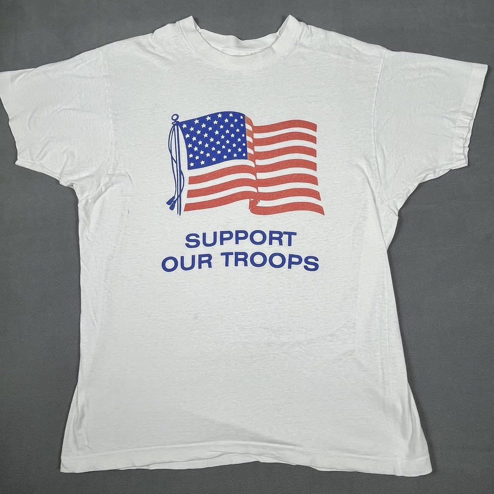 Vintage Support Our Troops Shirt Mens XL White American Flag Single Stitch 80s