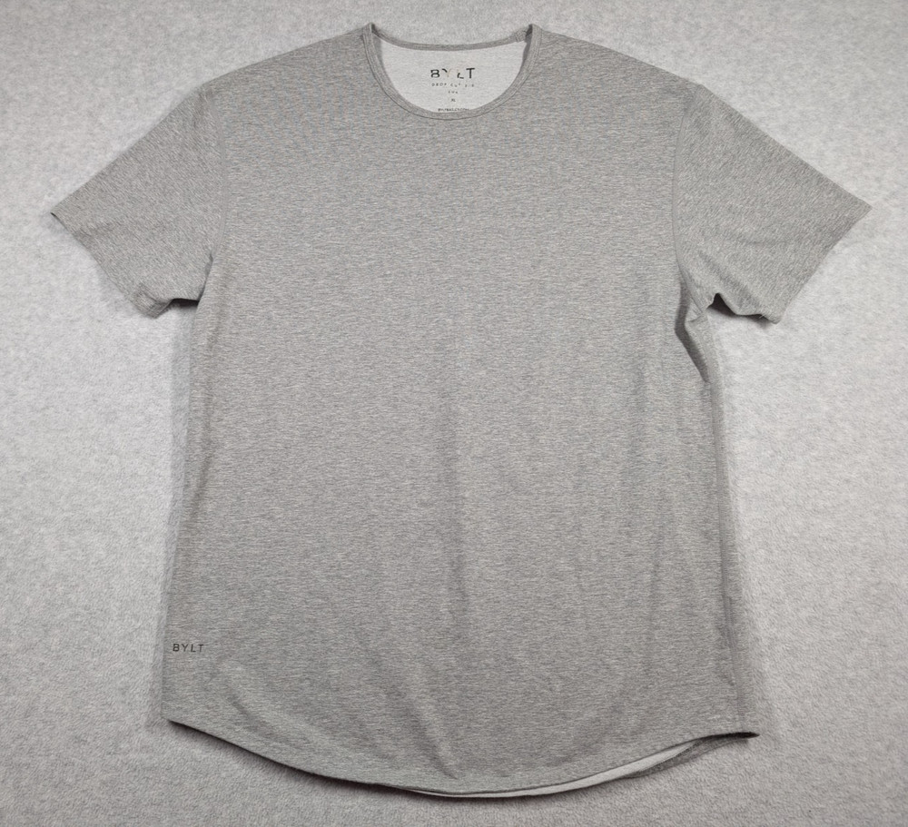 BYLT Men Shirt XL Drop Cut Lux Crewneck Performance Short Sleeve Curve Hem Gray