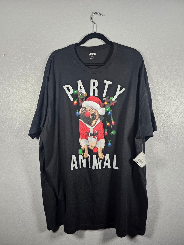 Holiday Time Unisex Sz 3XL Black PARTY ANIMAL Christmas Funny Tshirt Santa Pug