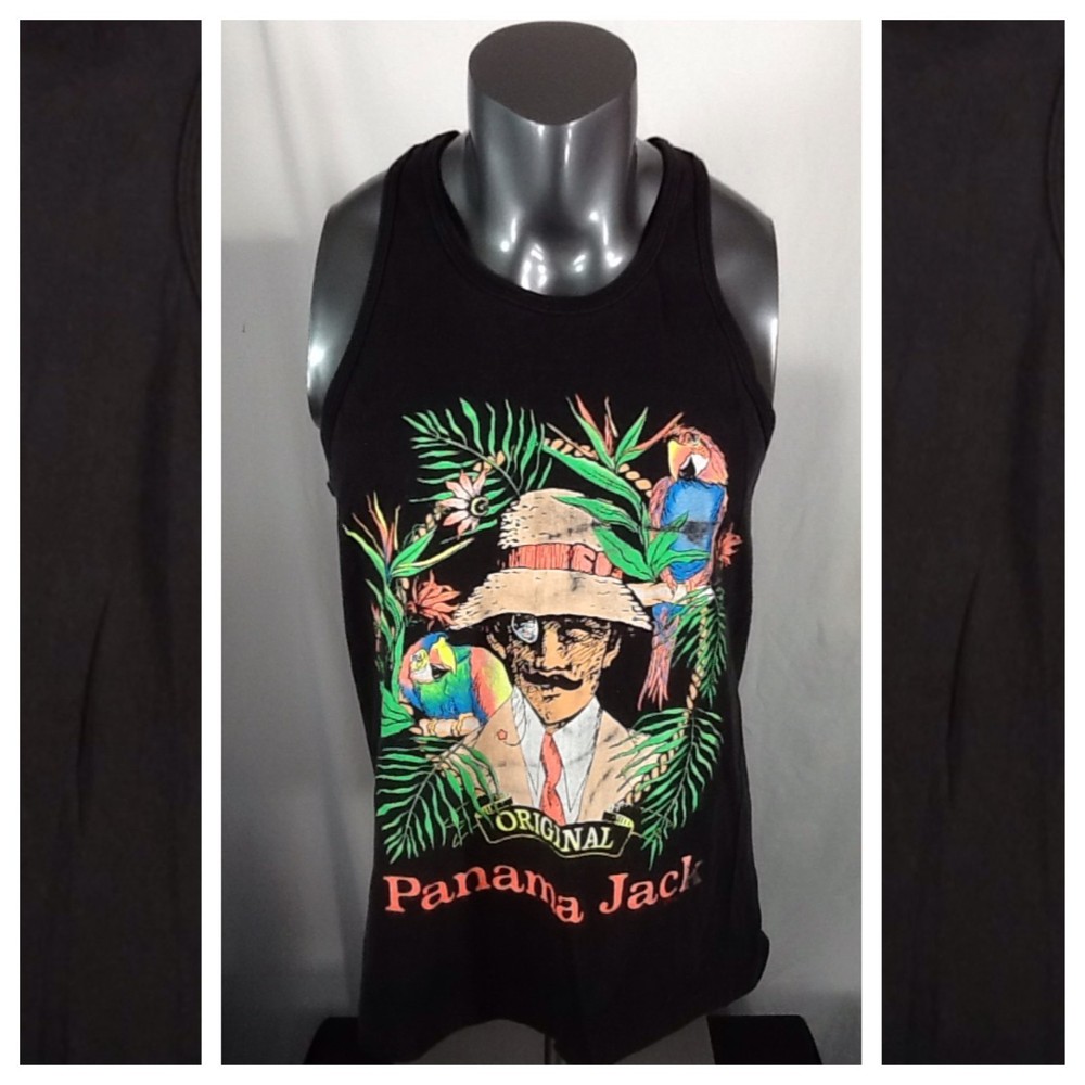 Vtg 80s Panama Jack Tank Top T Shirt (XL) Black Tropical Beach Gym Vacation