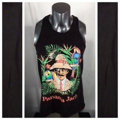 Vtg 80s Panama Jack Tank Top T Shirt (XL) Black Tropical Beach Gym Vacation