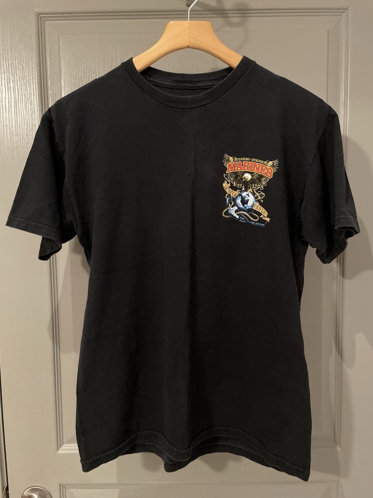 Vintage United States Marines Black Graphic T-Shirt Mens Medium Y2K 2008 7.62