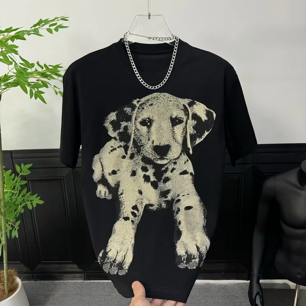 New Men Luxury Diamond Dog Rhinestones Fashion T-Shirt High Quality 3 Colors