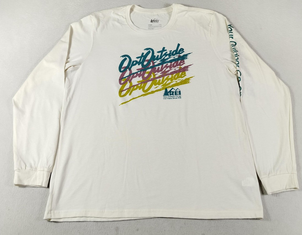 REI Co-op Shirt Mens Large White Retro Opt Outside Graphic Long Sleeve Tagless