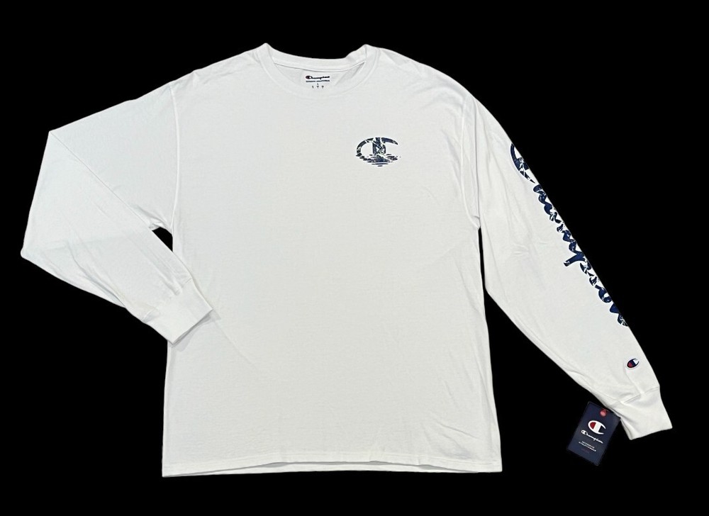 Champion Logo Crewneck Long Sleeves Bright Royal Athletic Graphic Tee T Shirt L
