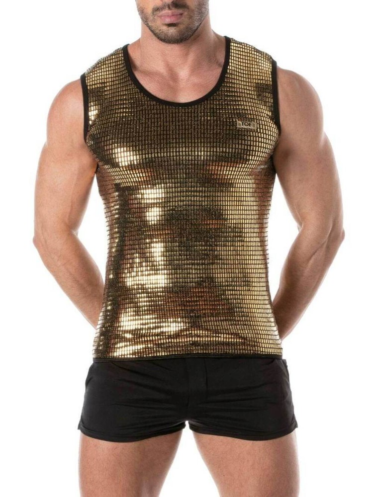 TOF Paris Glitter Tank Top, Designer, Disco, Gold Silver, Sleeveless, Reflective