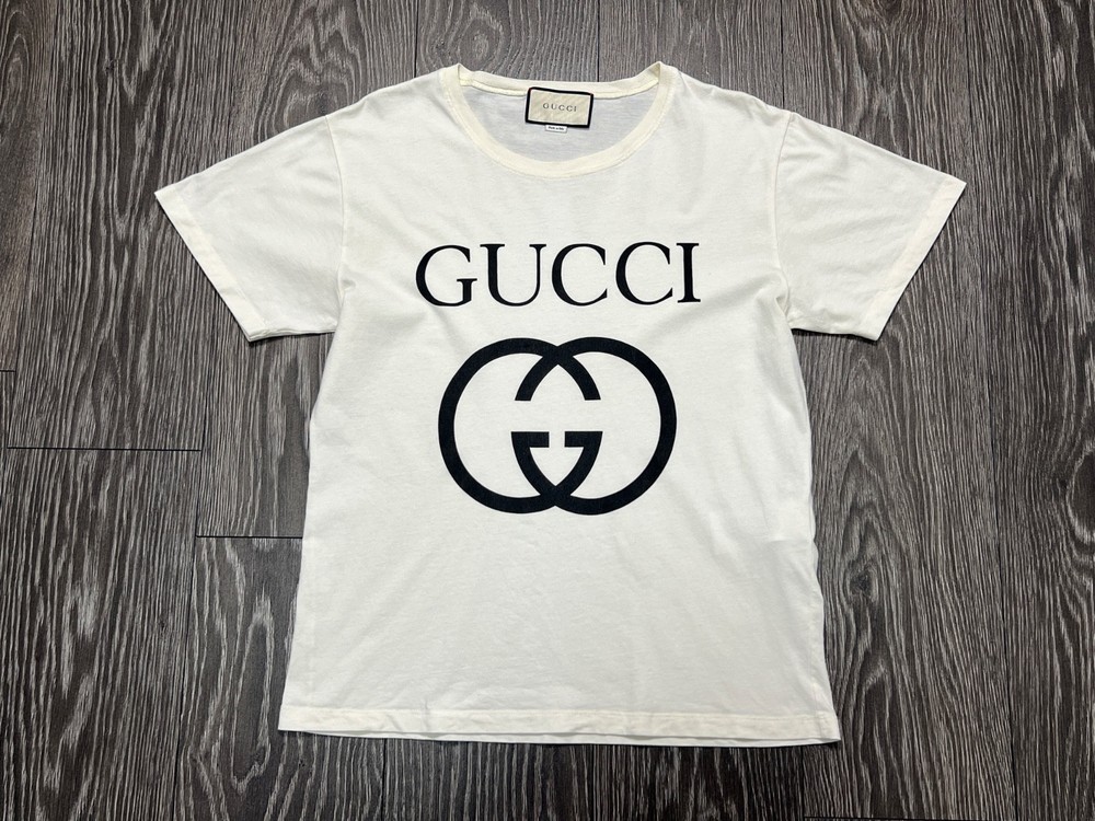Mens Gucci Interlocking GG Big Logo Printed Tee T Shirt Cotton Size L