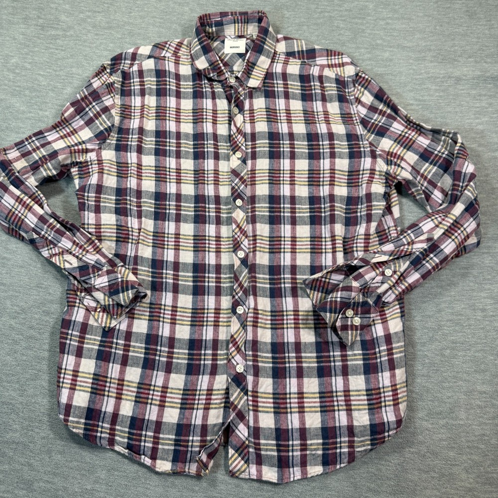 Murano Shirt Men L Plaid Multicolor Linen Button Front Baird McNutt Casual
