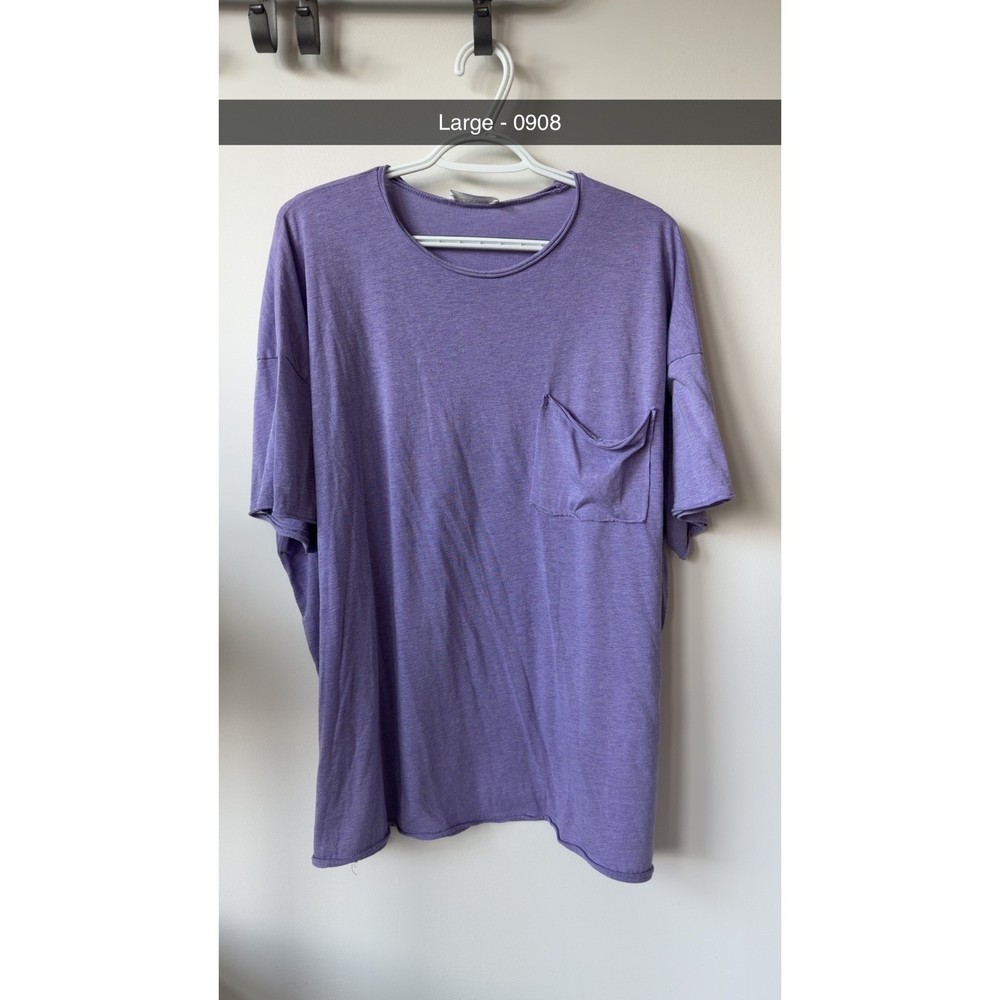 Purple Short Sleeve Pocket T-Shirt Raw Hem Crew Neck Oversized Top Large