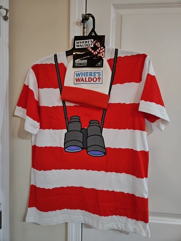 WHERE’S WALDO? Men’s T-Shirt & Beanie Combo 2XL Mad Engine Costume