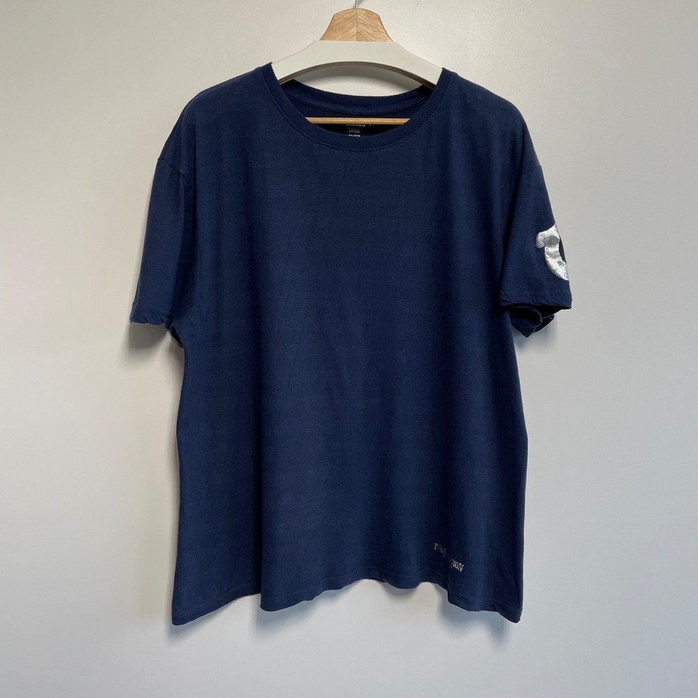 True Religion Mens Large Navy Blue Cotton T Shirt Metallic Horseshoe Logo