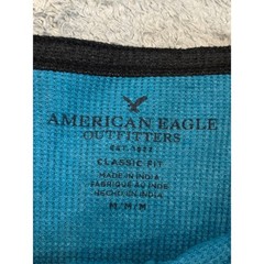 American Eagle Mens Medium Teal Blue Raglan Waffle Knit Henley Thermal Shirt