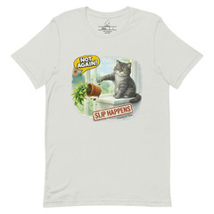Cat Slip Happens Funny T-Shirt Front Only Random Meme White Silver Unisex