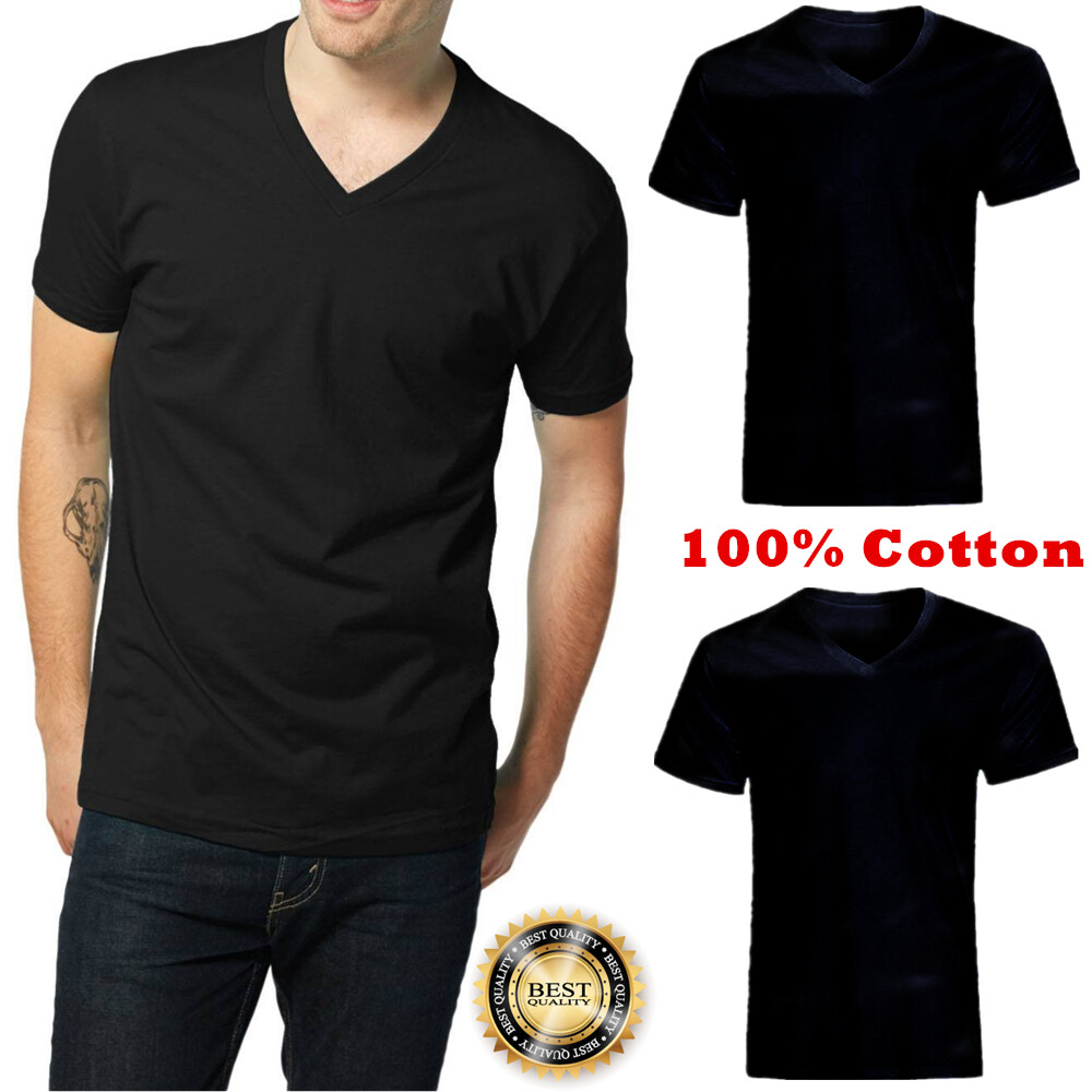 For Mens 100% Cotton Thick Casual T-Shirt Basic Tee V-Neck Black S-4XL LOT