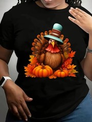 Thanksgiving Turkey & Autumn Leaves Print T-Shirt