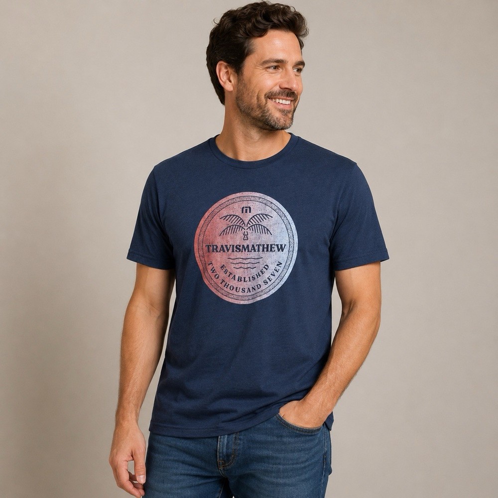 Travis Mathew Blue Climate Zone T Shirt Mens Small Golf Short Sleeve Navy