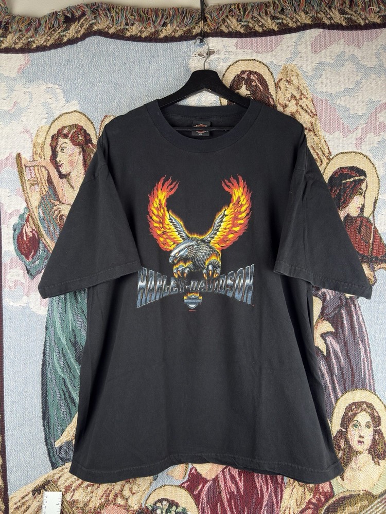 Vtg Harley Davidson Flame Chrome Eagle T Shirt Men’s 2X Y2k Faded Black Biker Wa